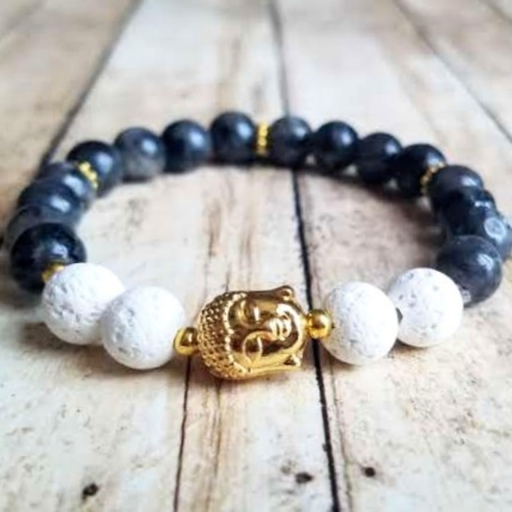 Black Labradorite + Lava Rock Buddha Diffuser Bracelet - Picture 1 of 3